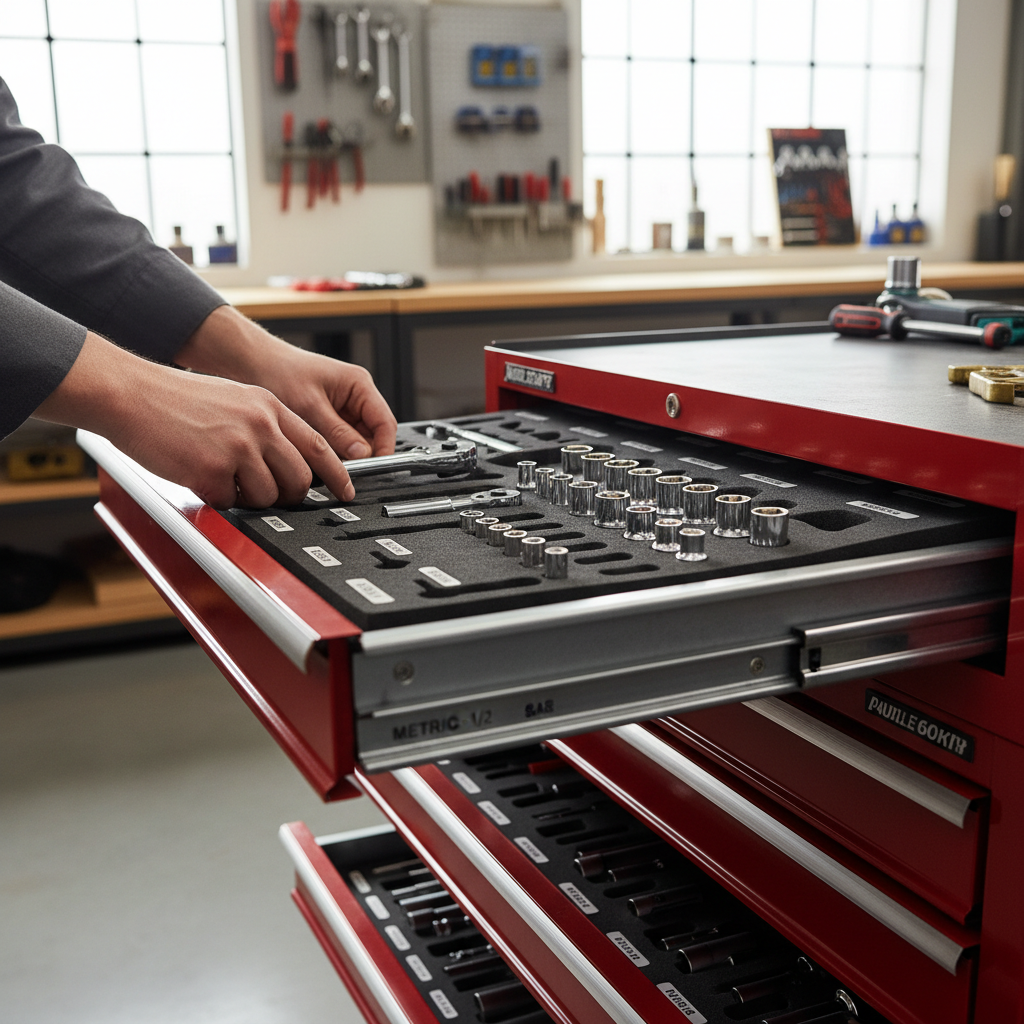 Hand placing tools into labeled drawer organizers for a clean tool chest system