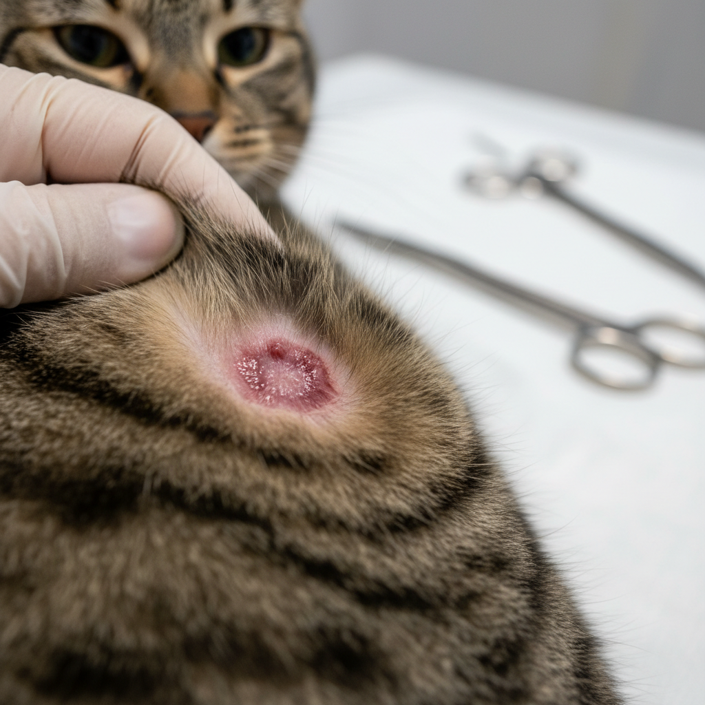 Cat hot spot on skin with parted fur for inspection