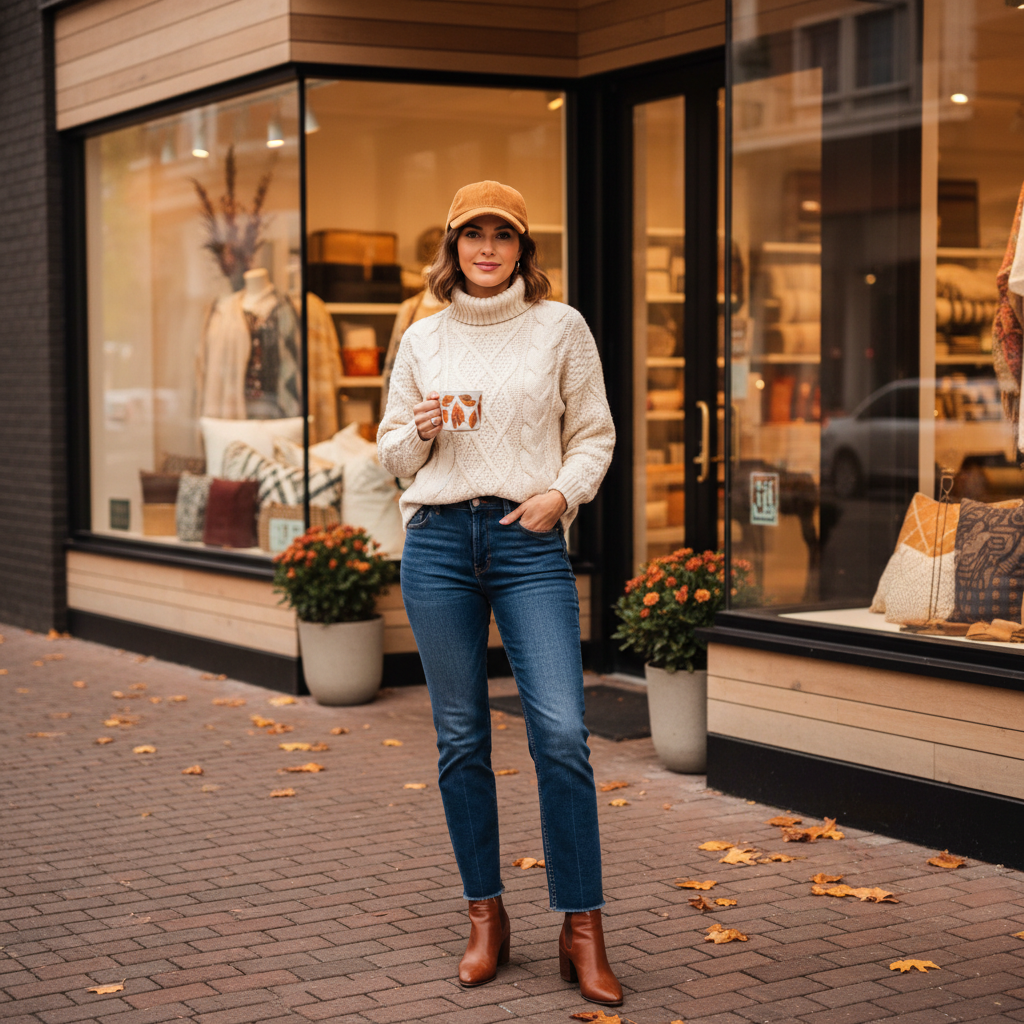Fall outfit with corduroy baseball cap, sweater, jeans, and ankle boots