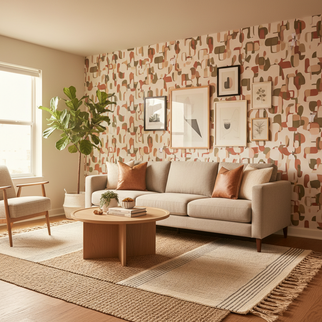 Renter-friendly living room decor with removable wall art and peel-and-stick accents