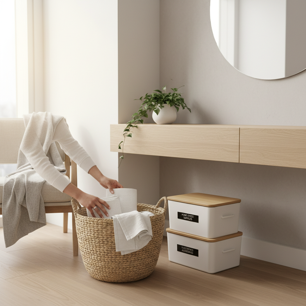Minimalist apartment reset routine with labeled bins and clear surfaces