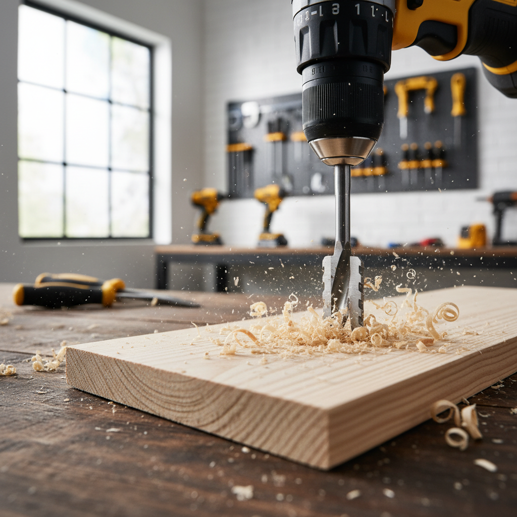 Spade bits drilling clean holes in pine lumber with a cordless drill