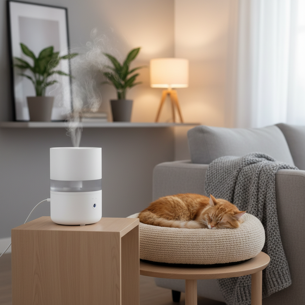 Humidifier and warm steam setup to help a congested cat breathe easier