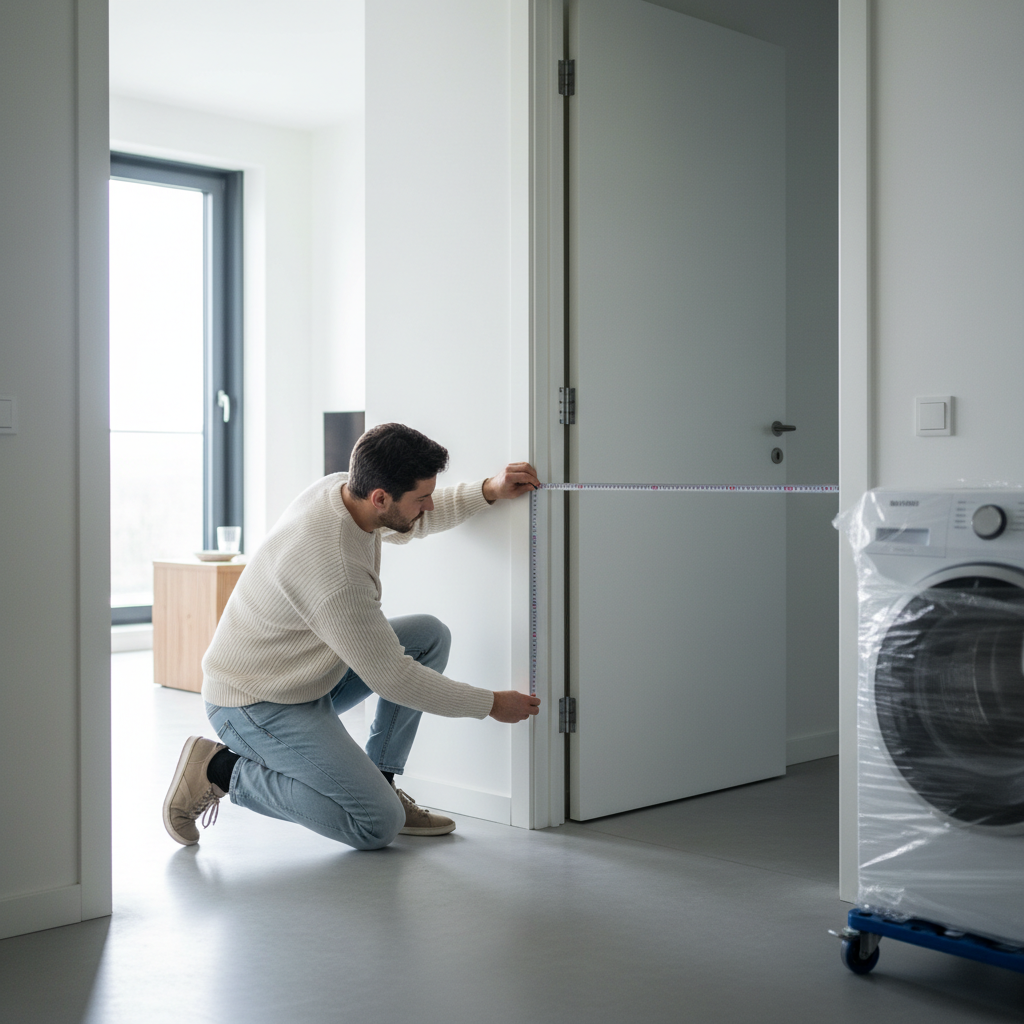 Measuring a narrow apartment doorway for a compact washer delivery