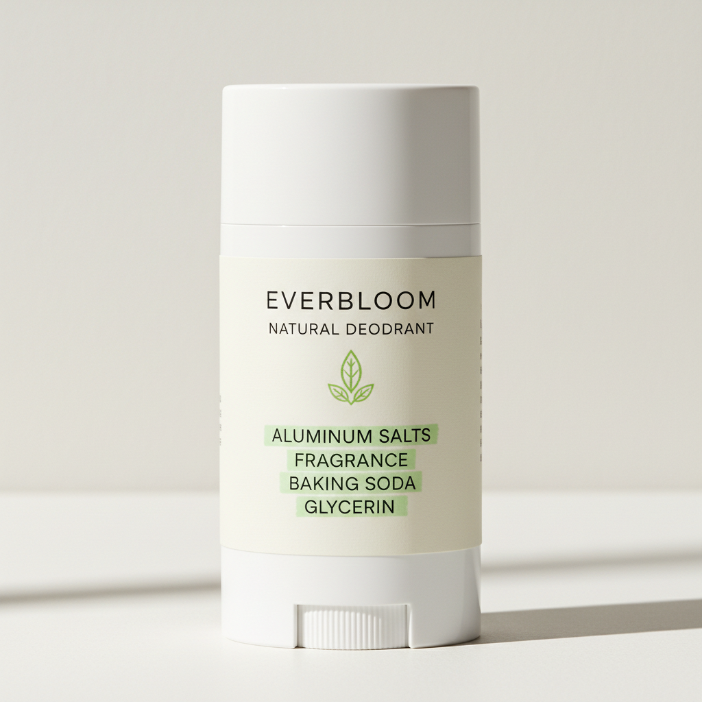 Close-up of deodorant ingredient label with aluminum salts and fragrance highlighted