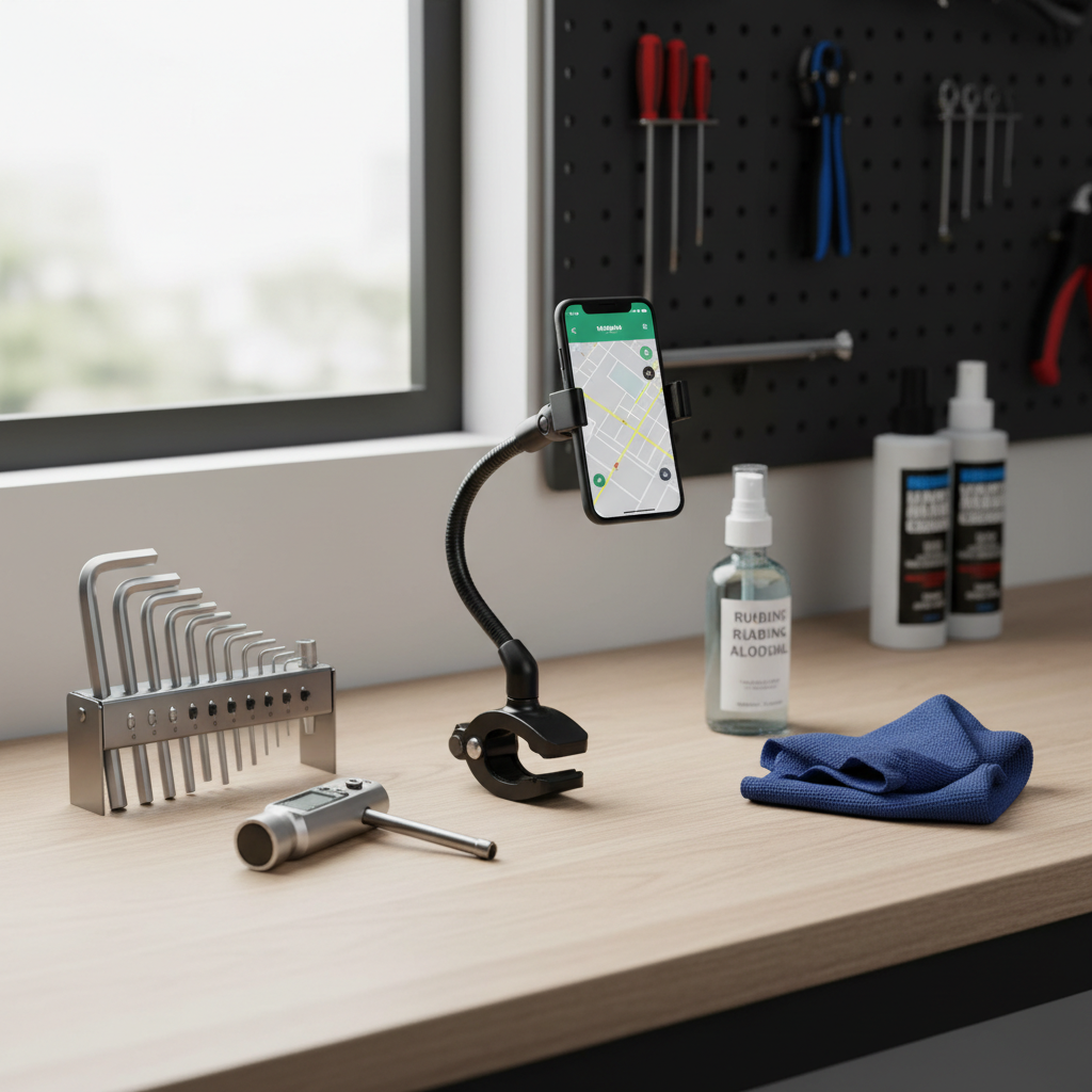 Bike phone mount installation tools including hex keys and torque wrench on a workbench