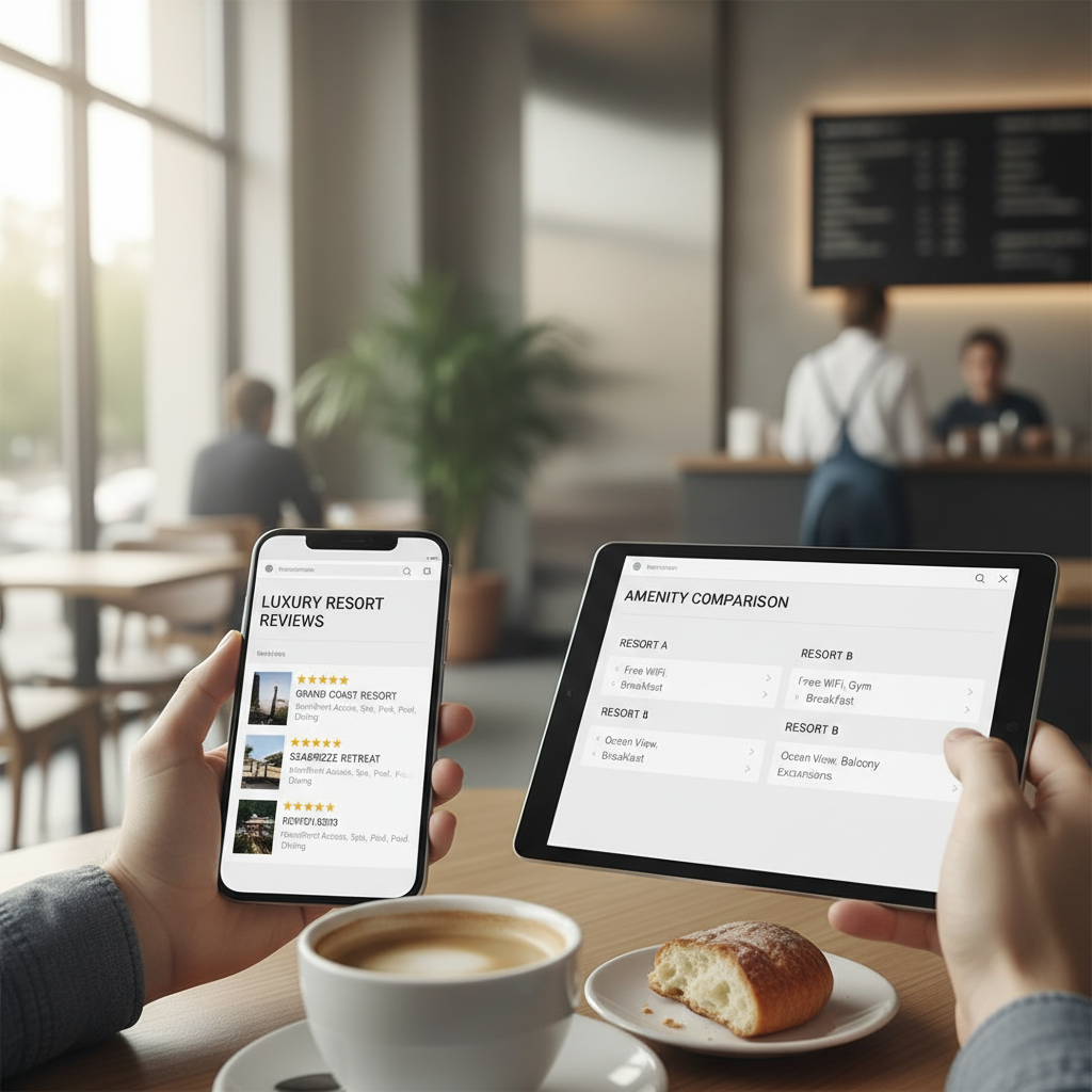 Traveler reading resort reviews and comparing amenities on a phone and tablet