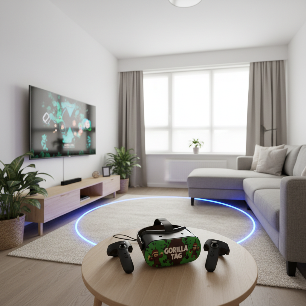 Safe VR play space setup for Gorilla Tag with clear boundaries and lighting