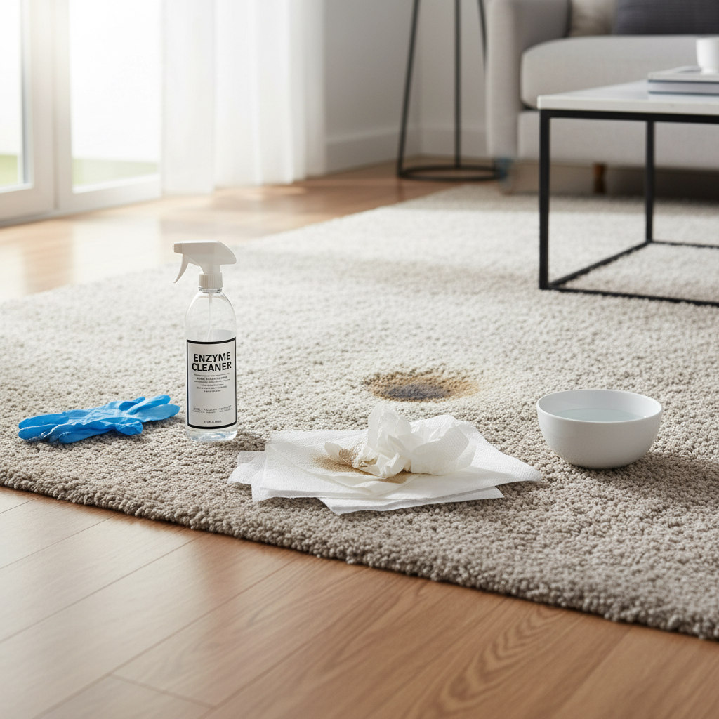 Pet urine stain cleanup setup on carpet with paper towels and enzyme cleaner