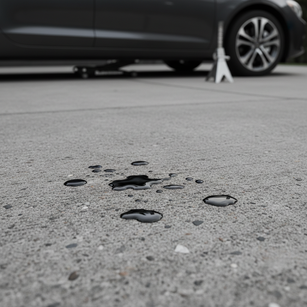 Oil spots on driveway with close-up of fresh drips