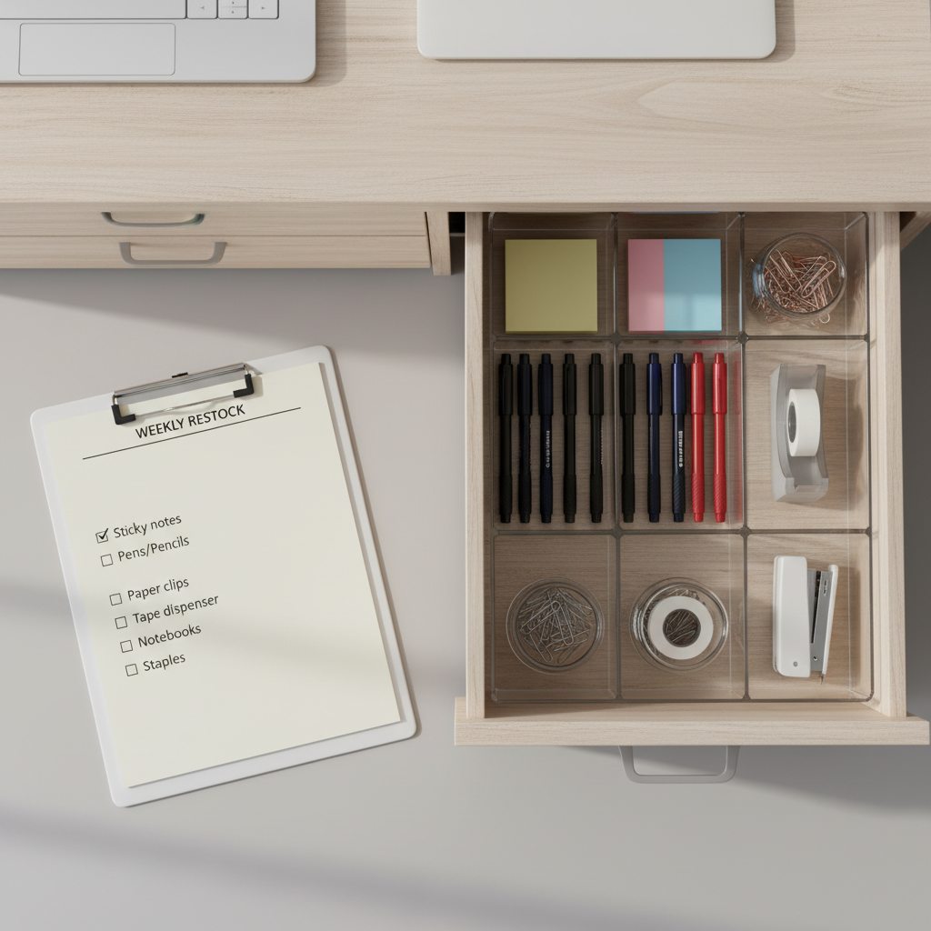 Simple weekly restock checklist for home office supplies next to organized drawer