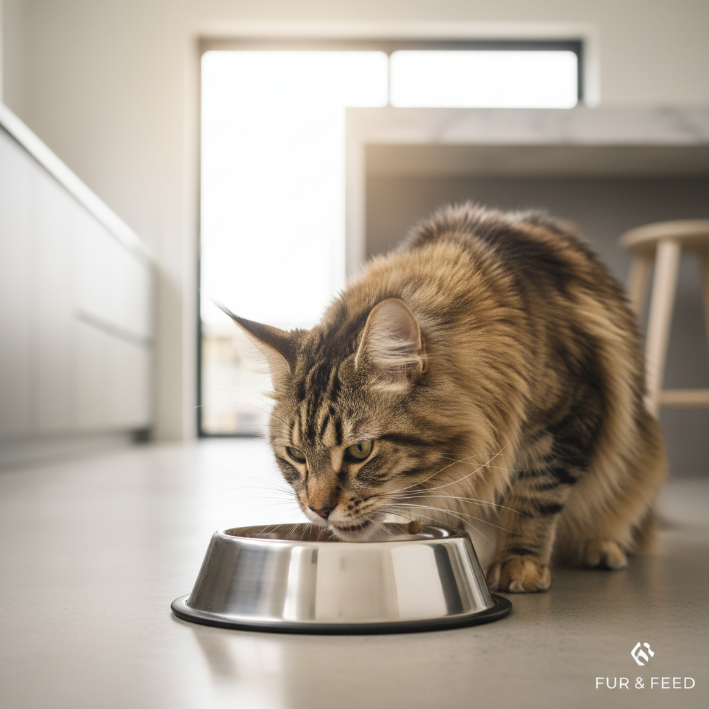 Maine Coon eating from a wide stainless steel bowl in a bright kitchen