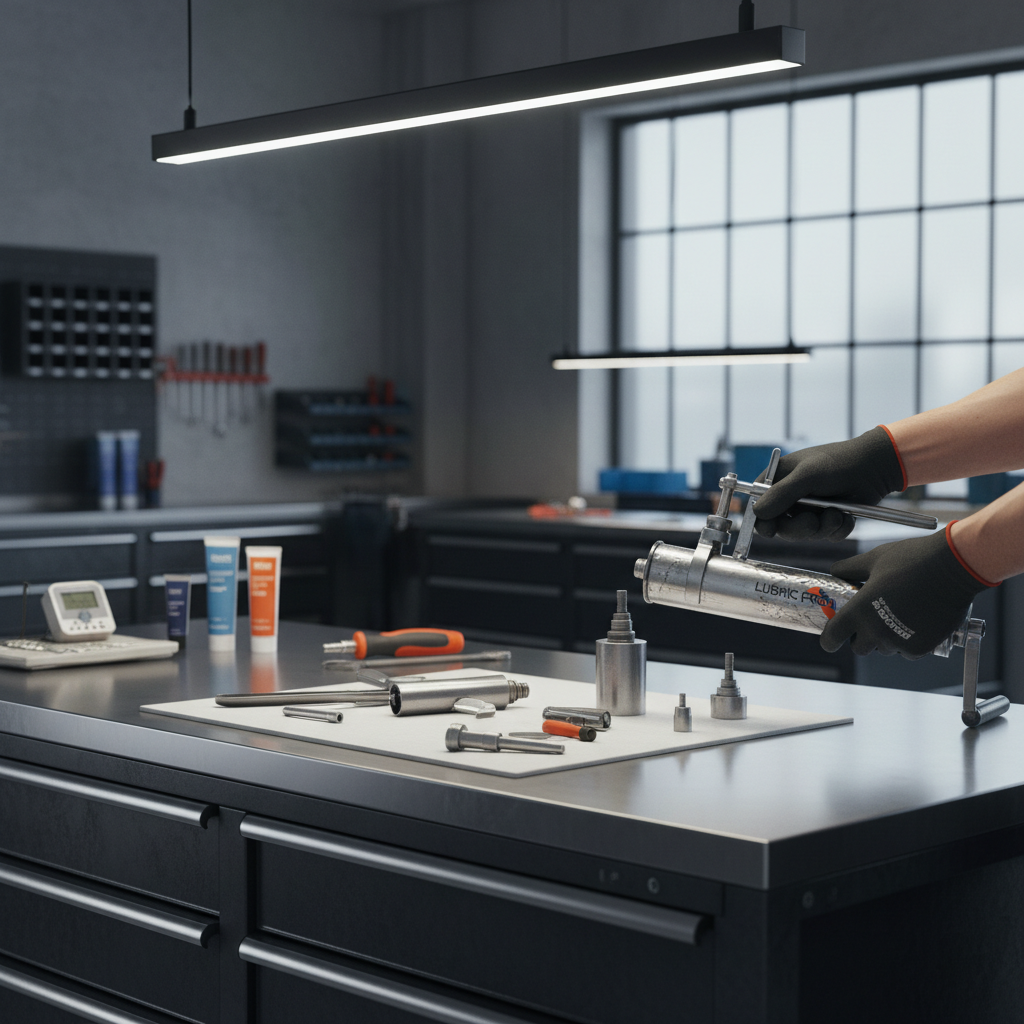 Technician preparing a grease gun and cartridge on a clean workbench