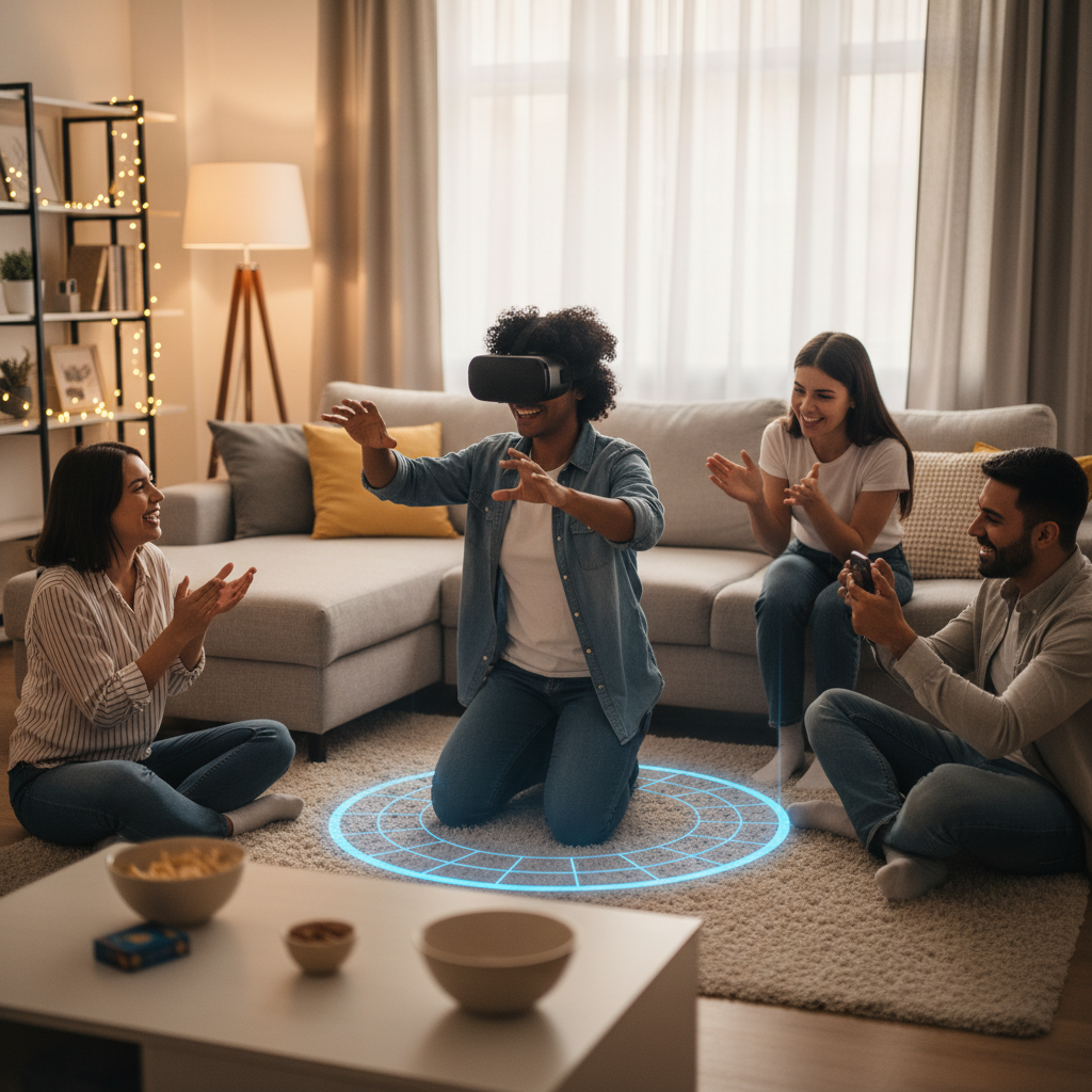 Friends taking turns in a VR party game in a living room setup