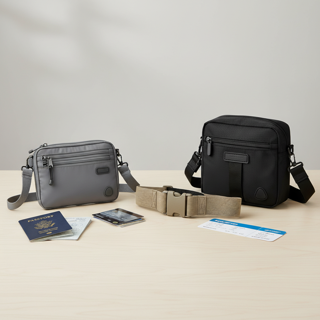 Comparing travel neck wallet, money belt, and crossbody bag on a table