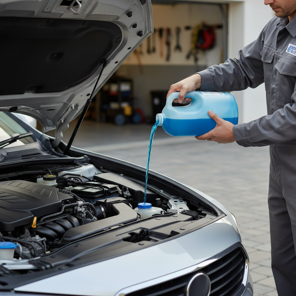 Windshield washer fluid being poured into a car reservoir under the hood