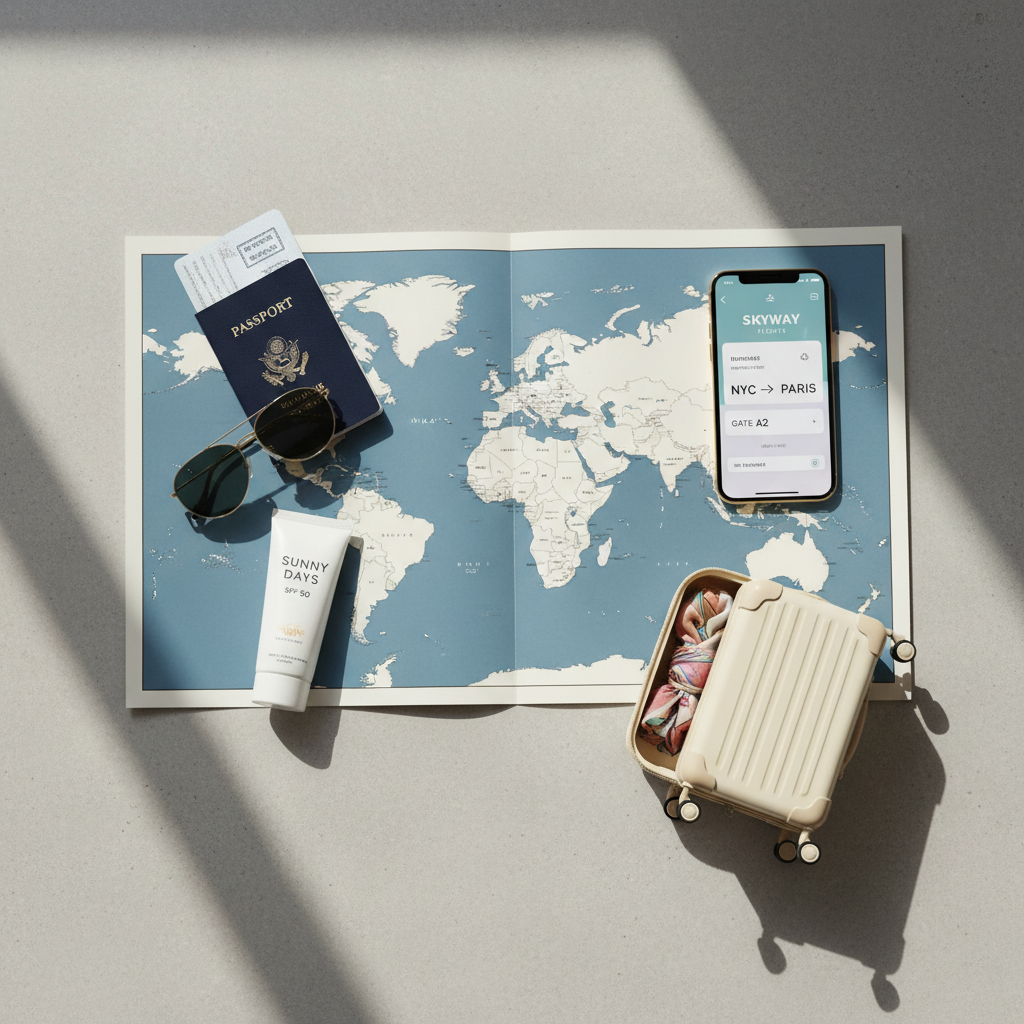 Summer travel planning with map, passport, and beach essentials