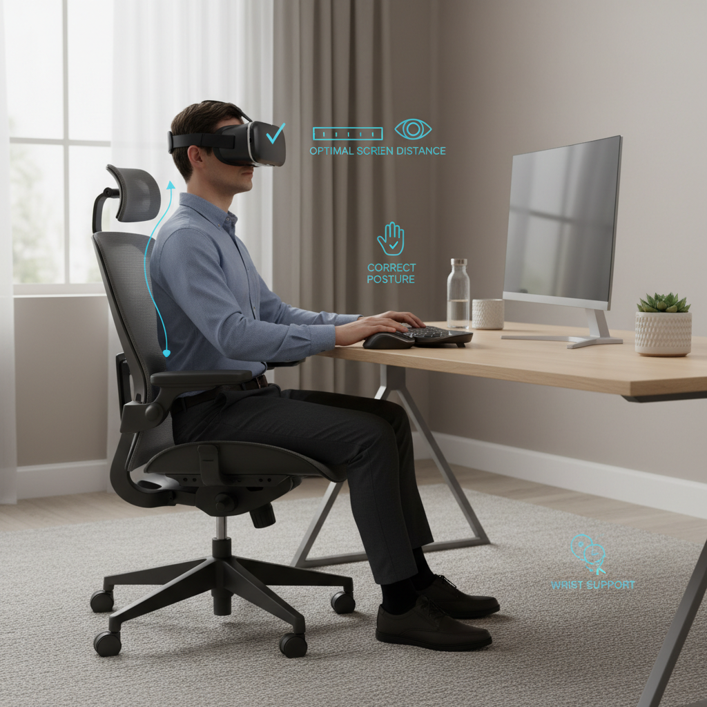 VR workstation ergonomics with seated posture, keyboard, and headset comfort adjustments