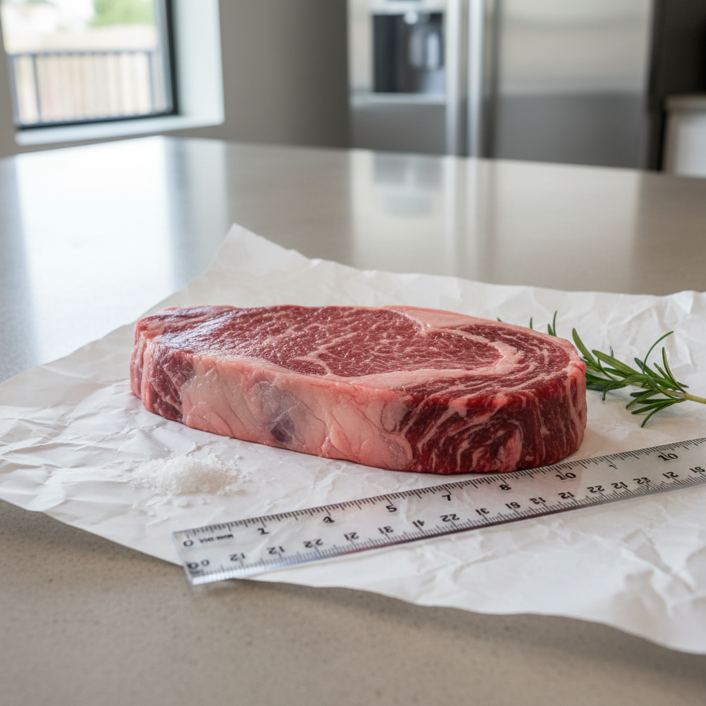 Raw ribeye steak thickness and marbling for medium rare cooking