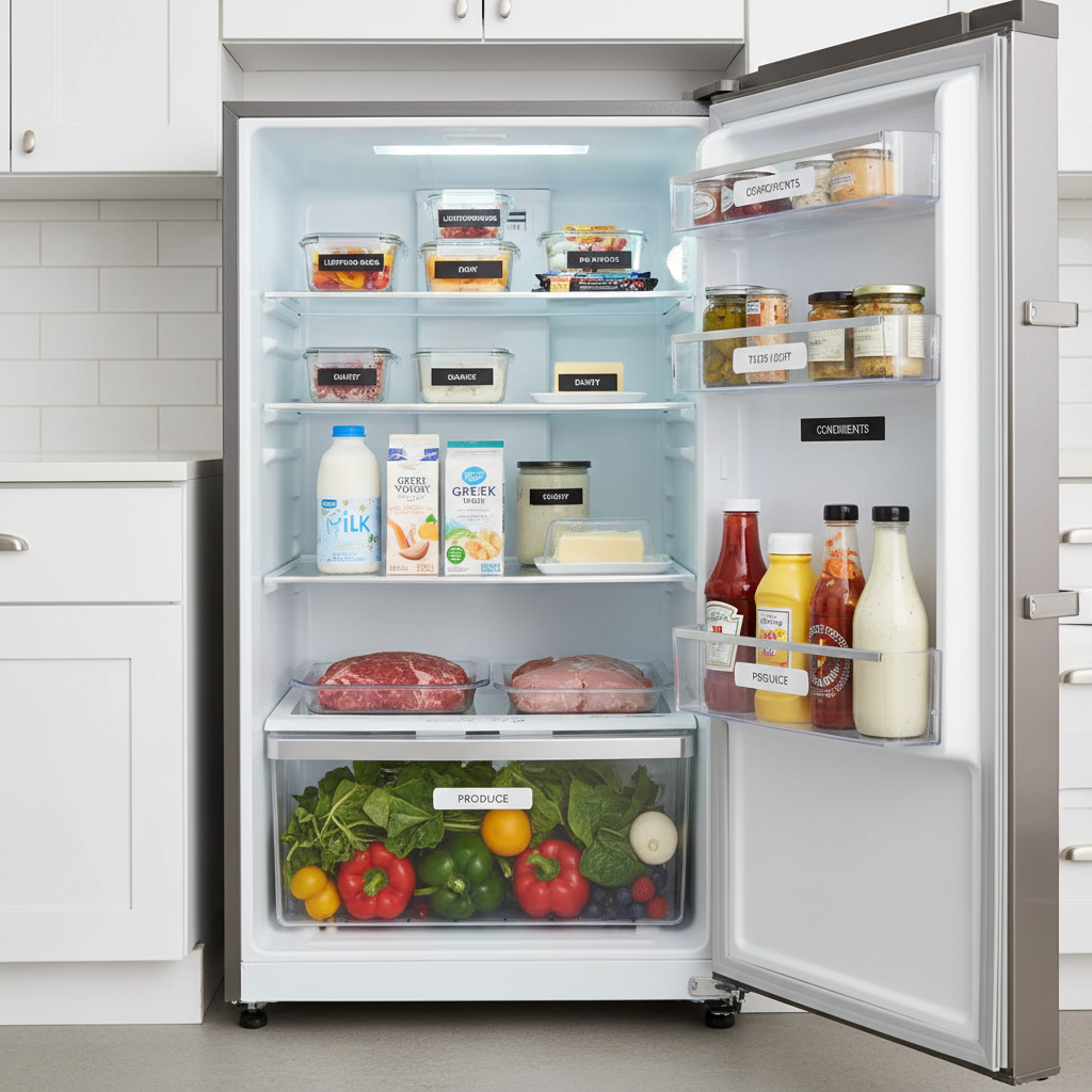 Small fridge zone map with top shelf leftovers, middle dairy, bottom raw meat tray