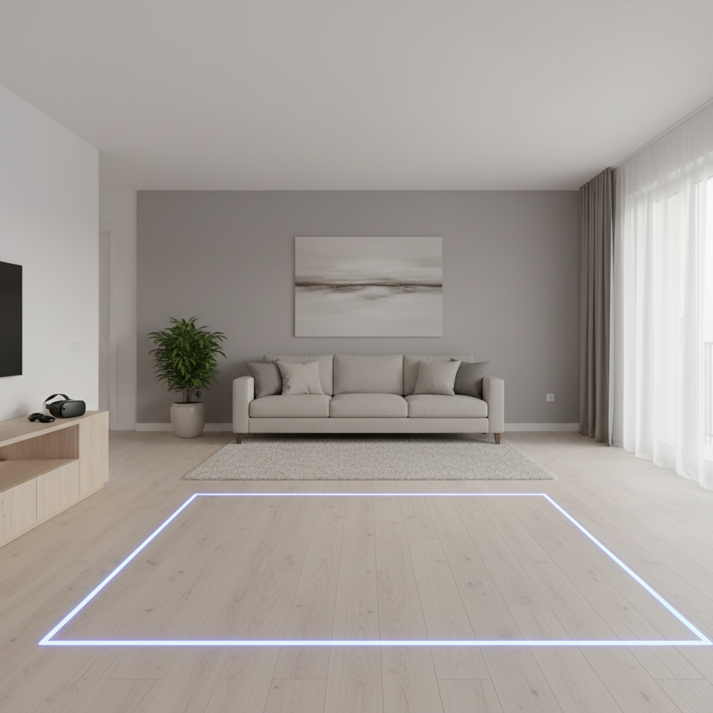 VR play area safety setup with cleared floor space and boundary guidance for beginners