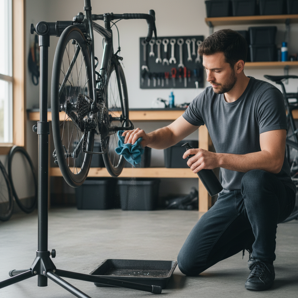 Rider cleaning a bike chain with a rag and biodegradable degreaser in a home garage