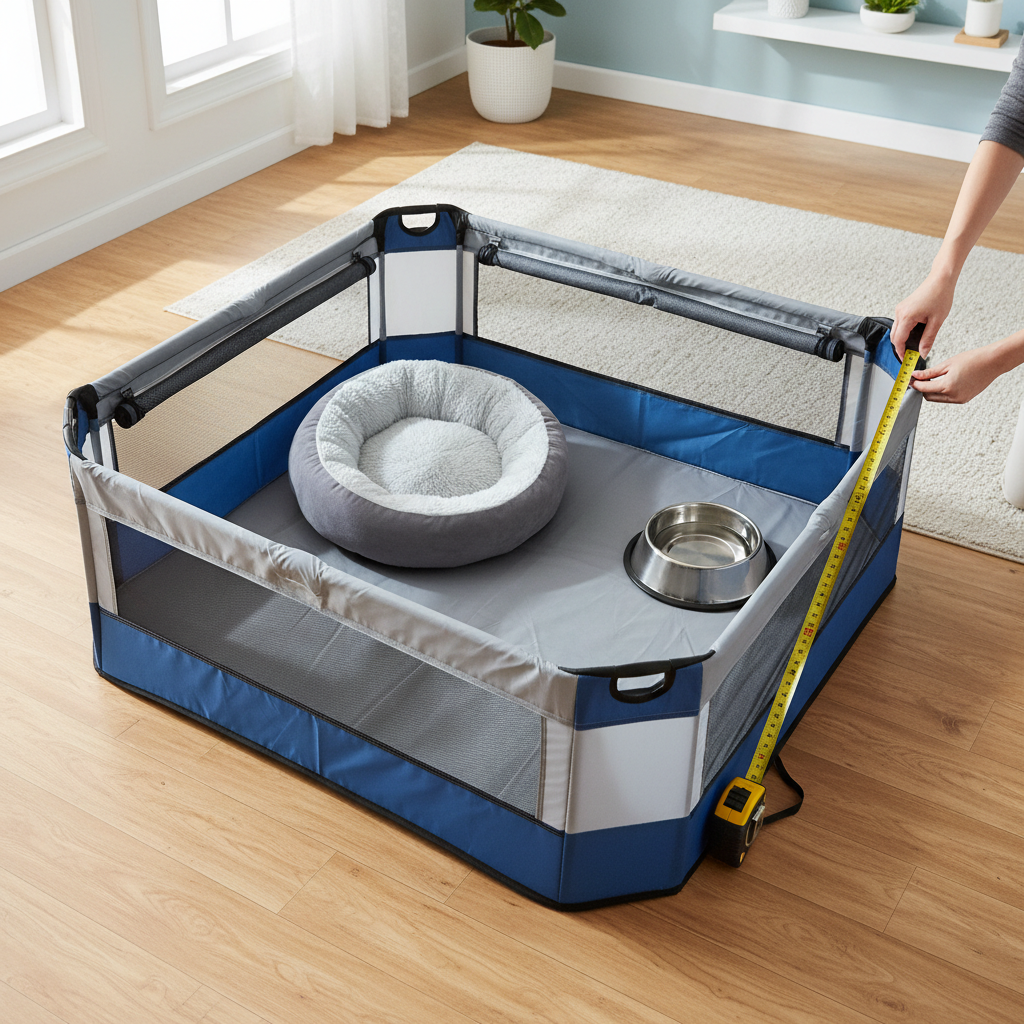 Measuring a puppy playpen area with tape measure and a dog bed for sizing