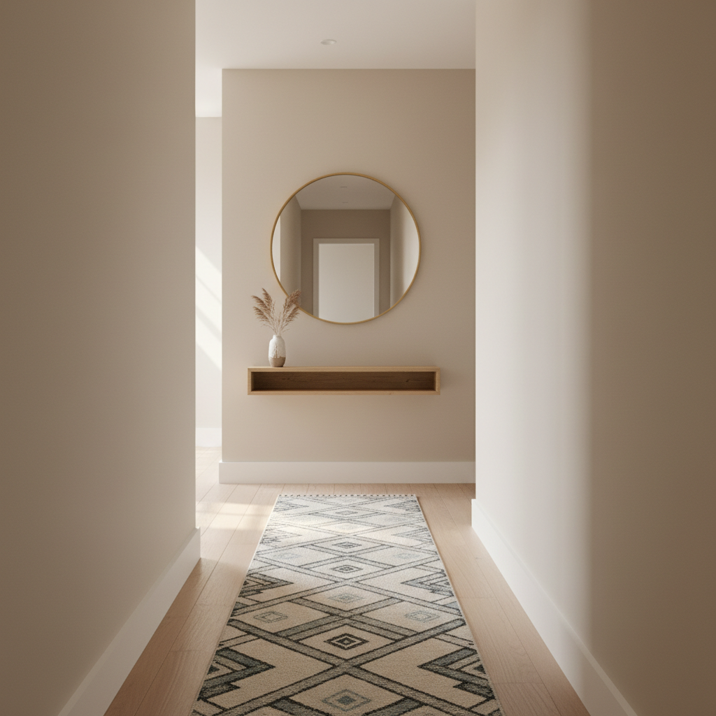 Bright narrow small hallway with runner rug and wall mirror