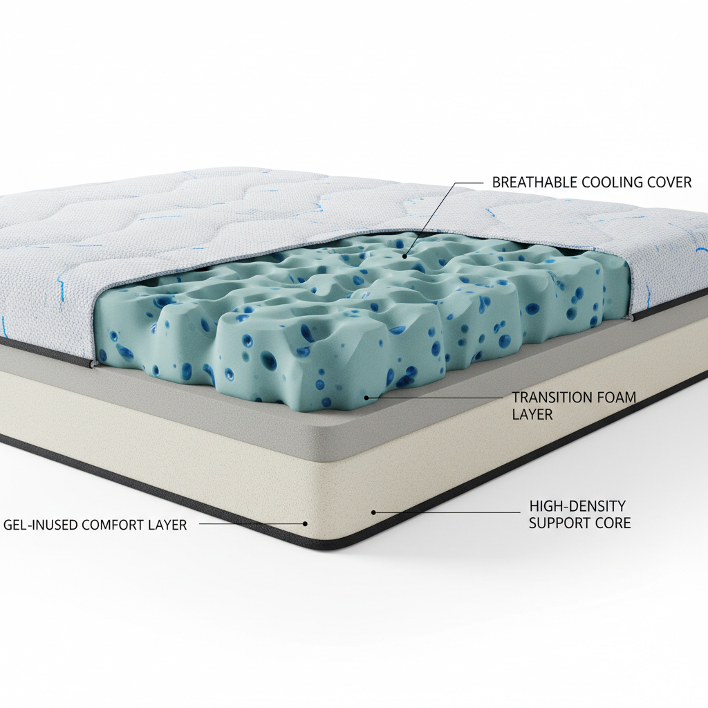 Close-up of memory foam mattress layers showing cooling cover and support core