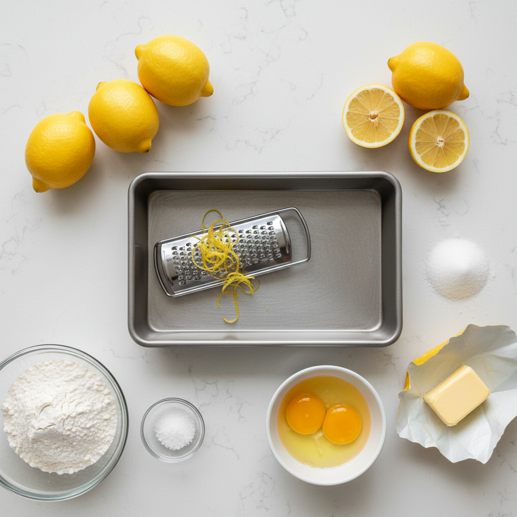Ingredients for easy tart lemon bars including lemons, zest, eggs, butter, sugar, and flour