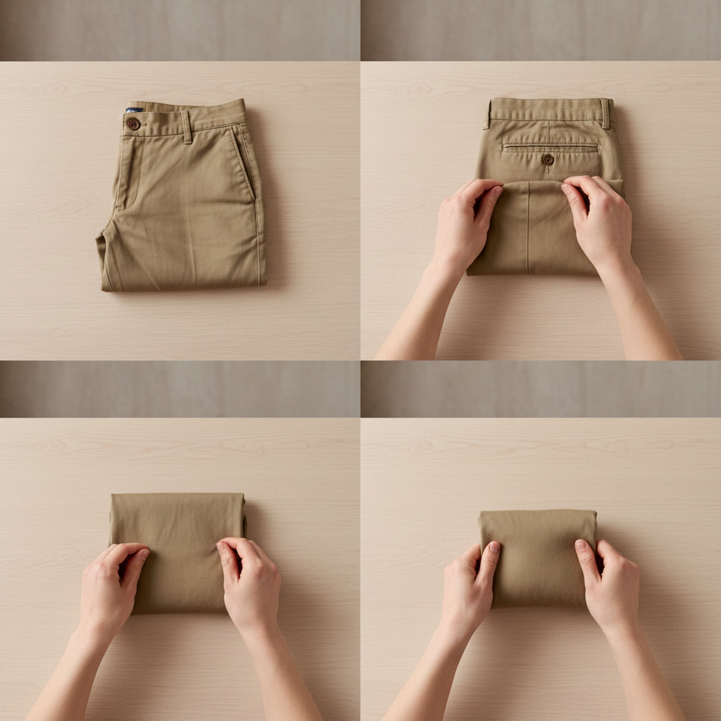 Step-by-step folding pants into a compact rectangle on a table