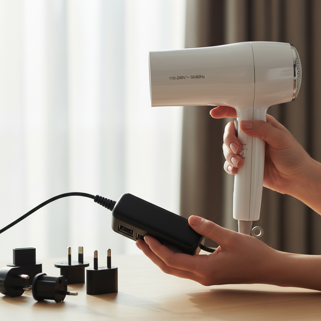 Traveler comparing plug types and voltage on a hair dryer label