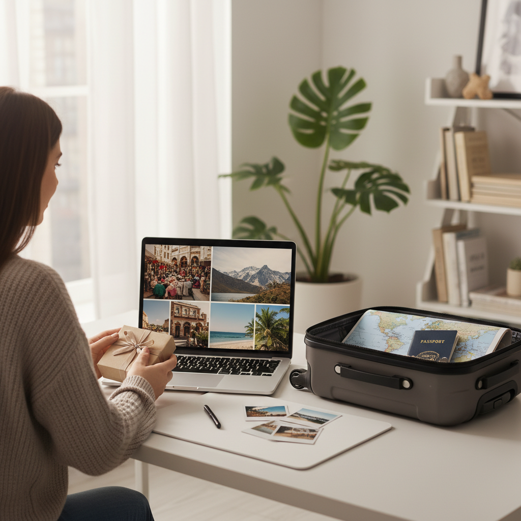 Friend choosing a travel gift based on travel style and trip type