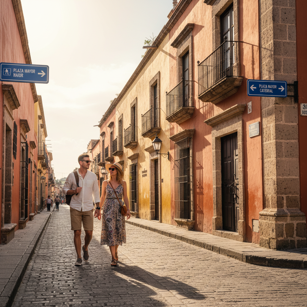 Tourists walking in a well-lit historic district in Mexico during daytime