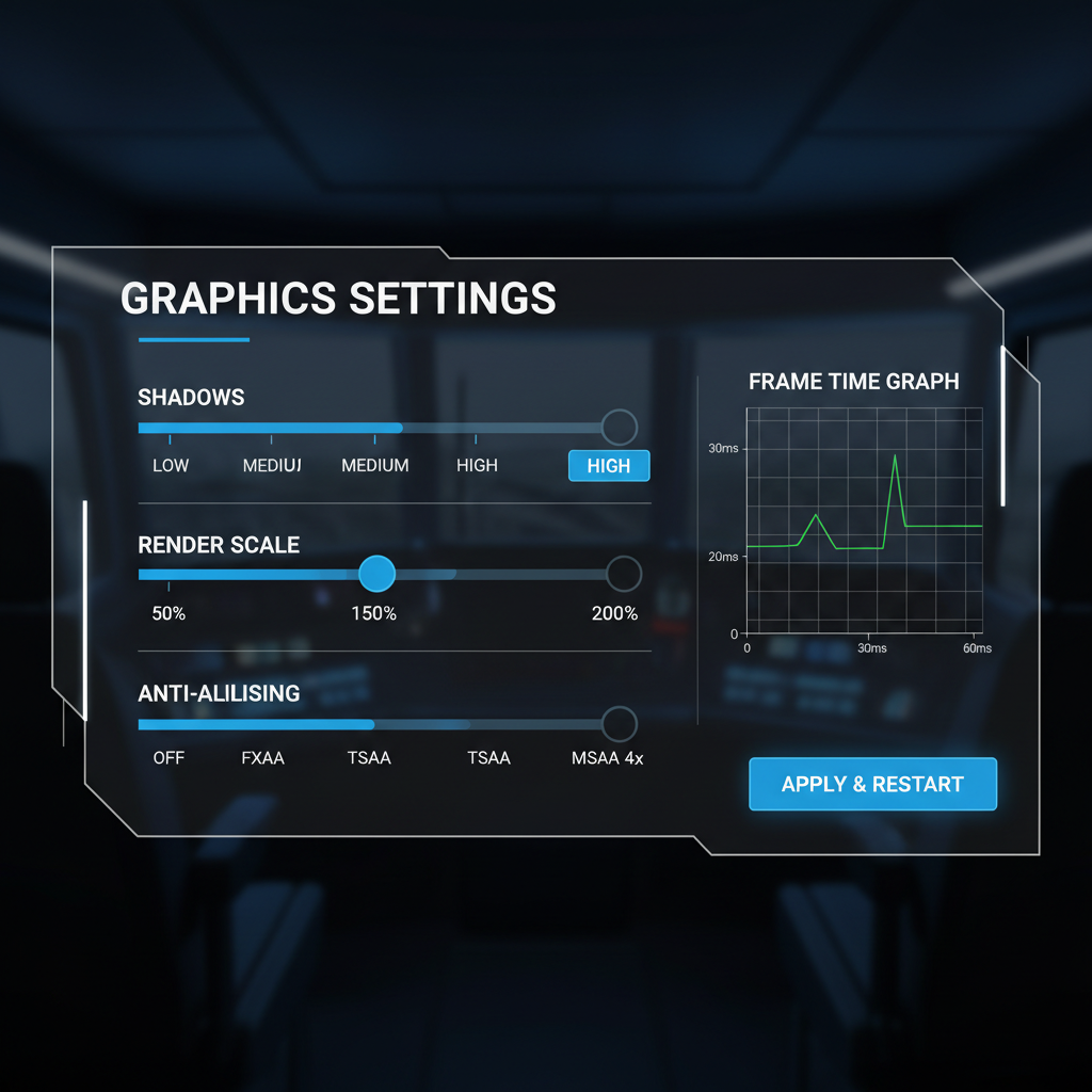 VR graphics settings for a train simulator emphasizing frame rate stability