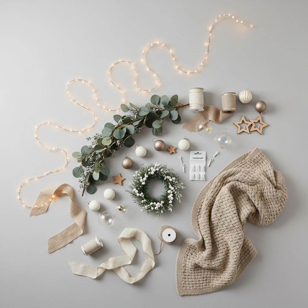 Rental-friendly Christmas decor color palette and styling flat lay
