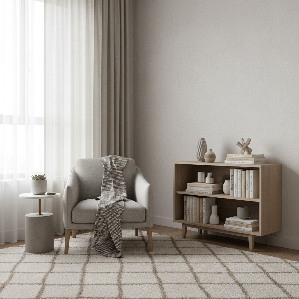Small bookcase in a compact apartment living room corner