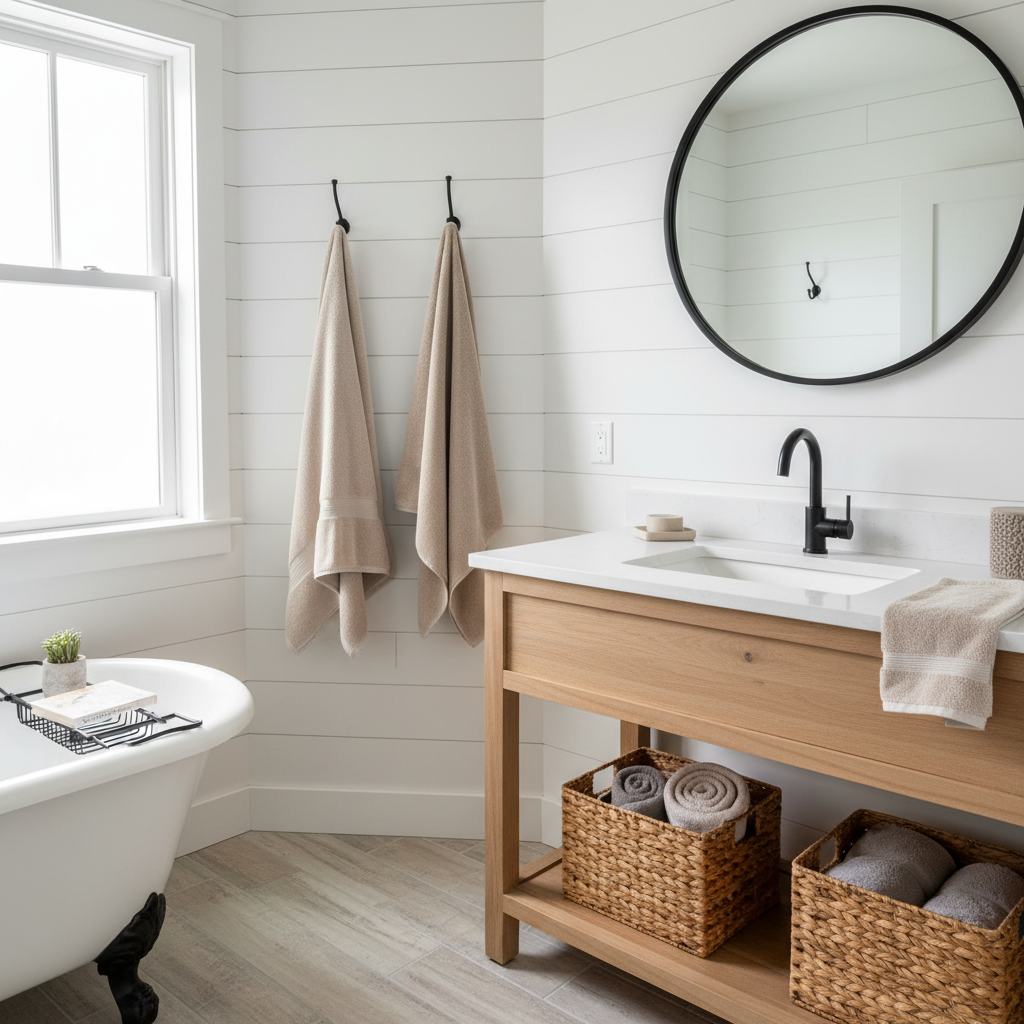 Small bathroom styled with farmhouse decor, light wood accents, and black metal fixtures