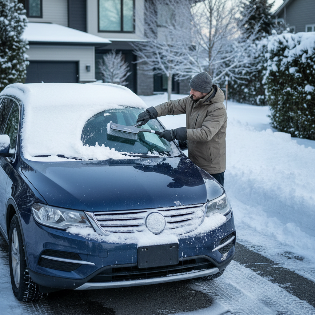 Car snow brush with scraper clearing windshield in a snowy driveway