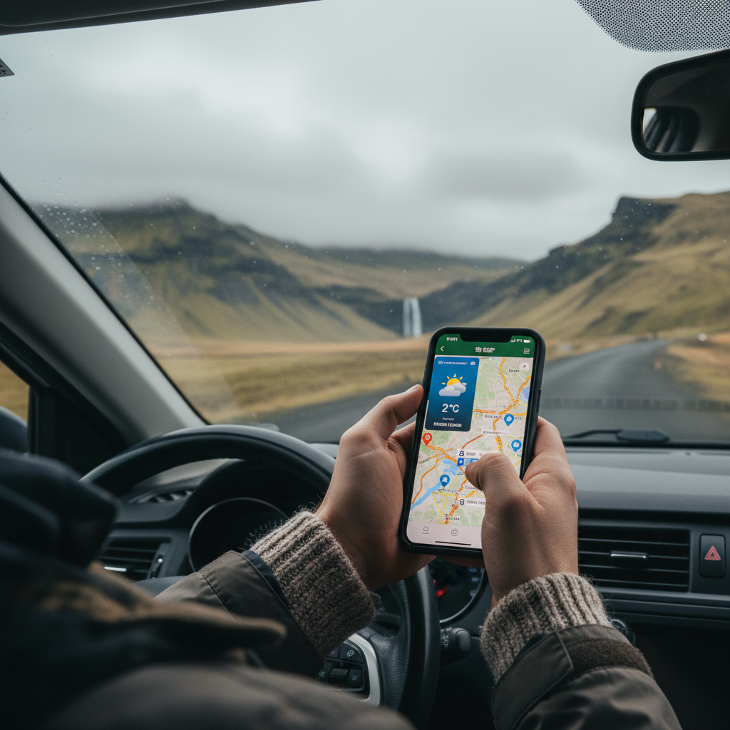 Iceland weather and road condition checking on a phone before driving