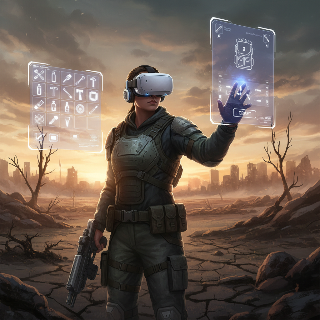 Player exploring a VR survival landscape with crafting UI and backpack inventory