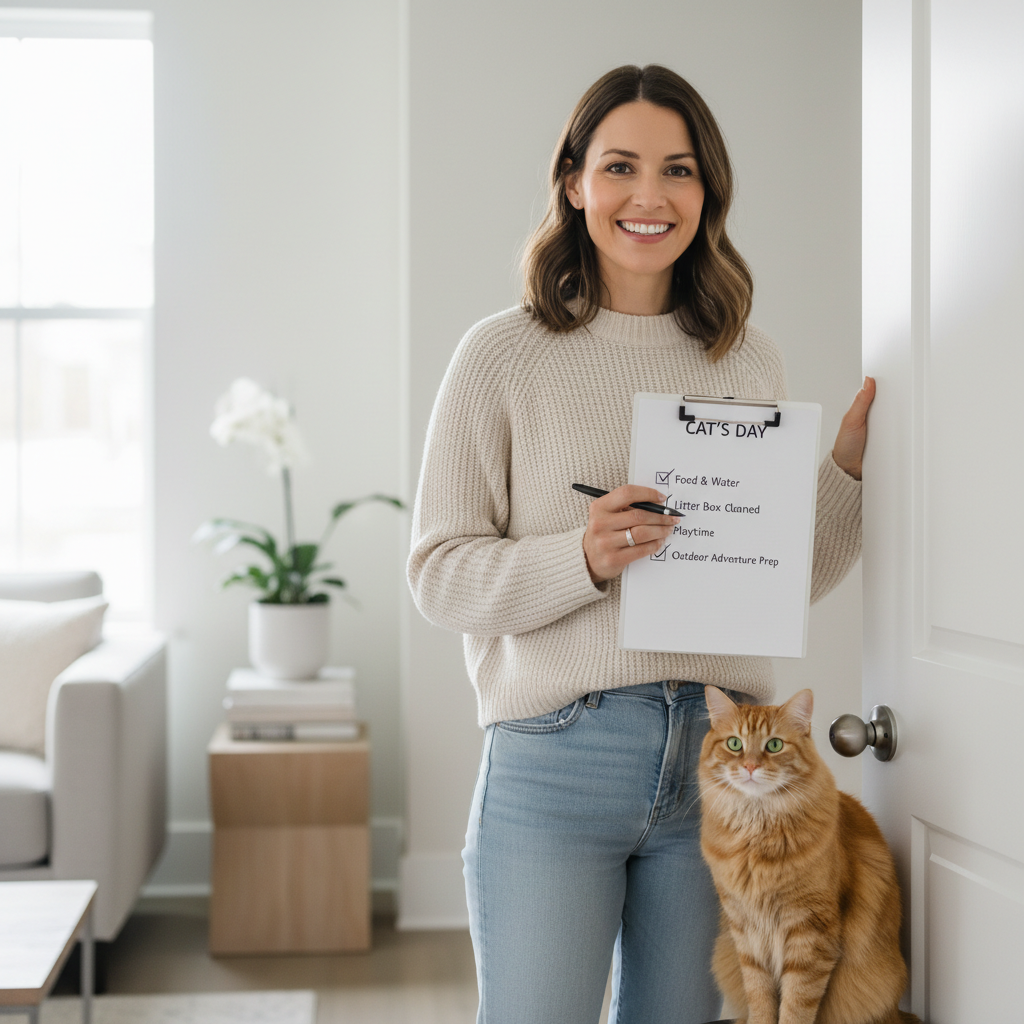 Owner reviewing a cat behavior checklist at home near a closed door