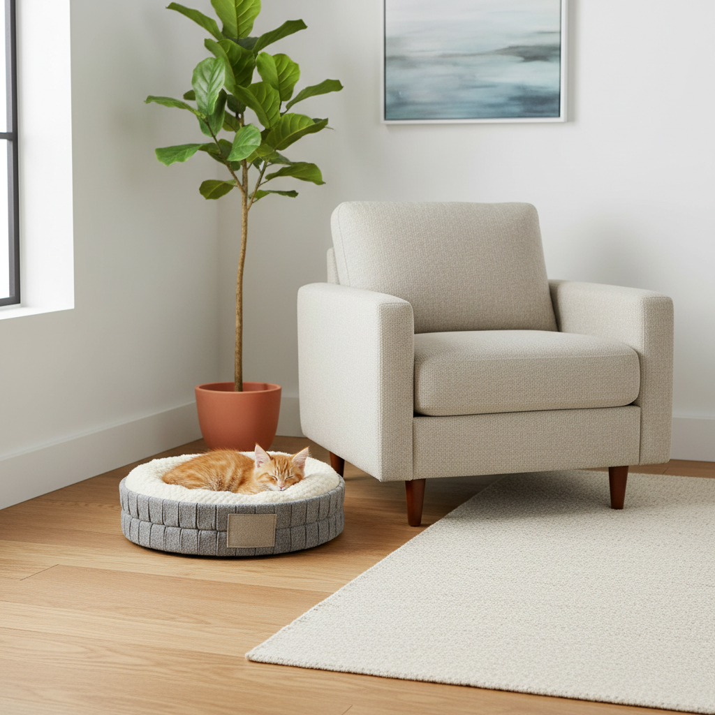 Non-slip kitten bed placed in a quiet corner away from litter box and food