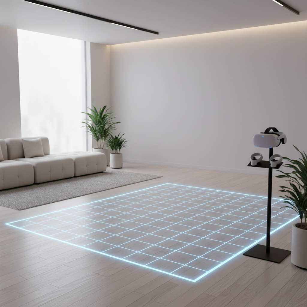 VR play area cleared with boundary grid for rhythm games