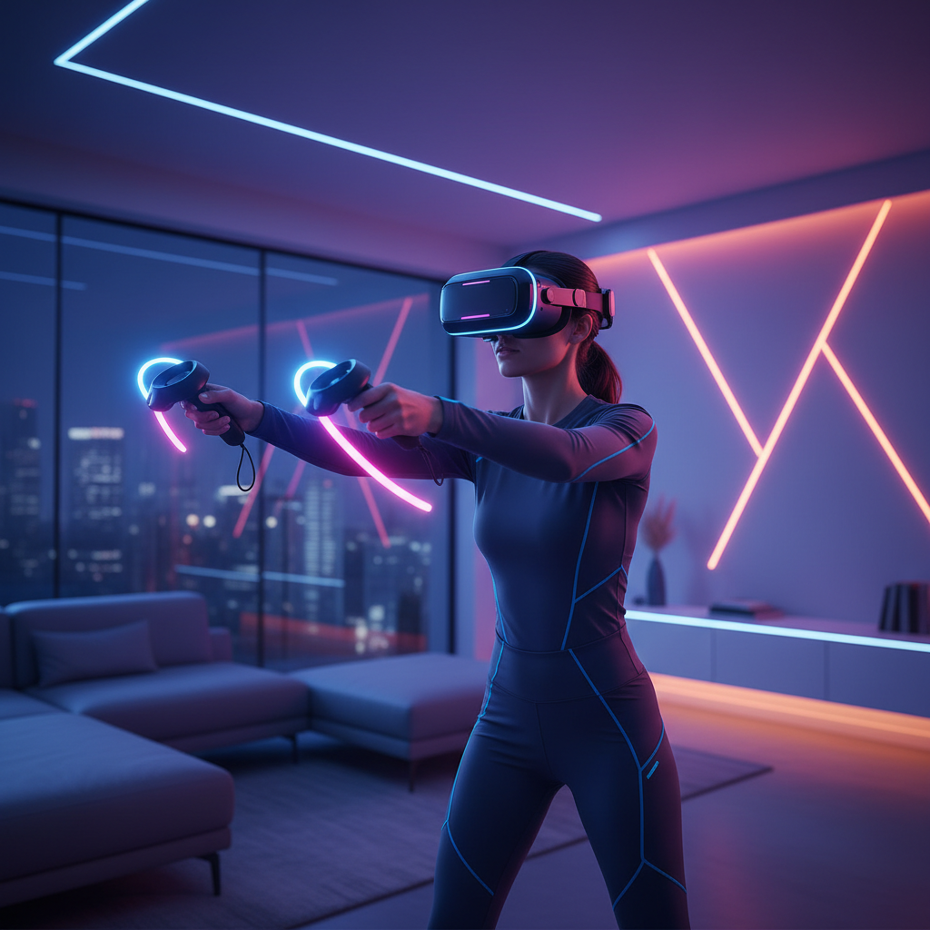 Player doing Synth Riders in a neon VR room for cardio and flow