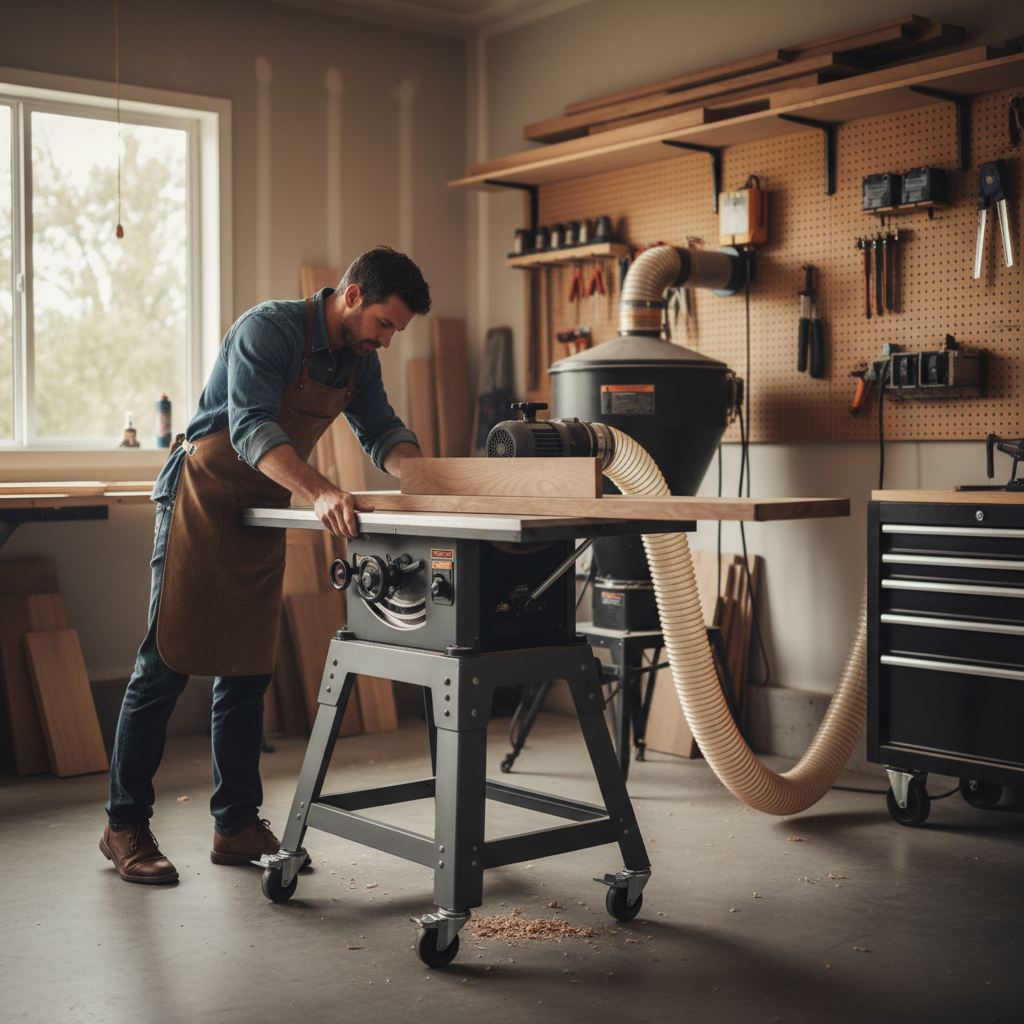 Woodworker flattening rough lumber using a benchtop thickness planer in a garage shop