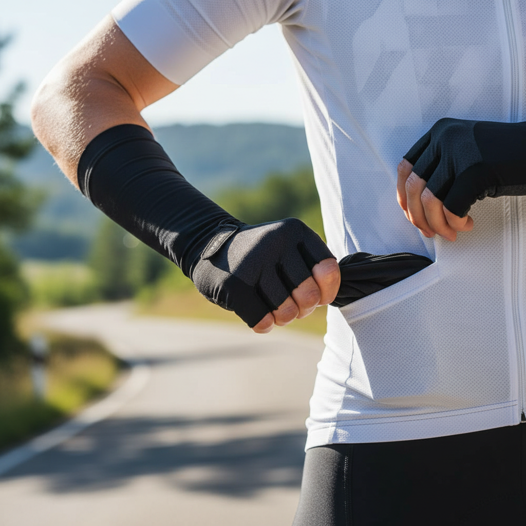 Cyclist rolling arm warmers off and storing them in a jersey pocket