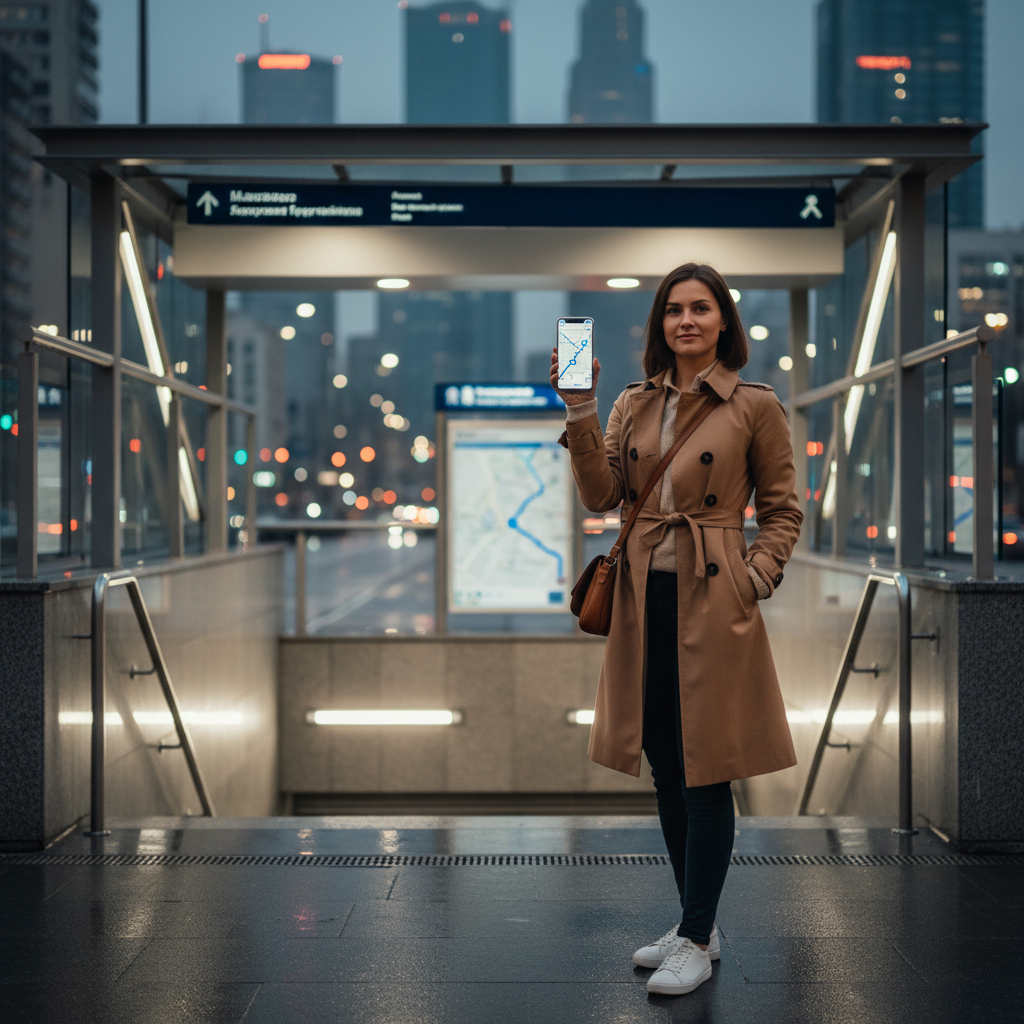 Solo female traveler using a smartphone for navigation near a metro station at dusk