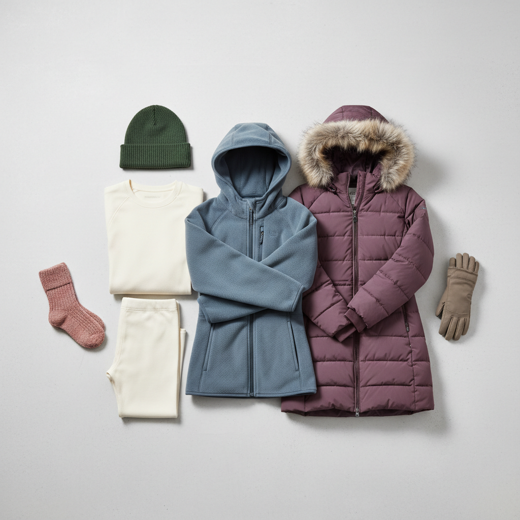Flat lay of winter coat layering system with base layer, mid layer, and parka