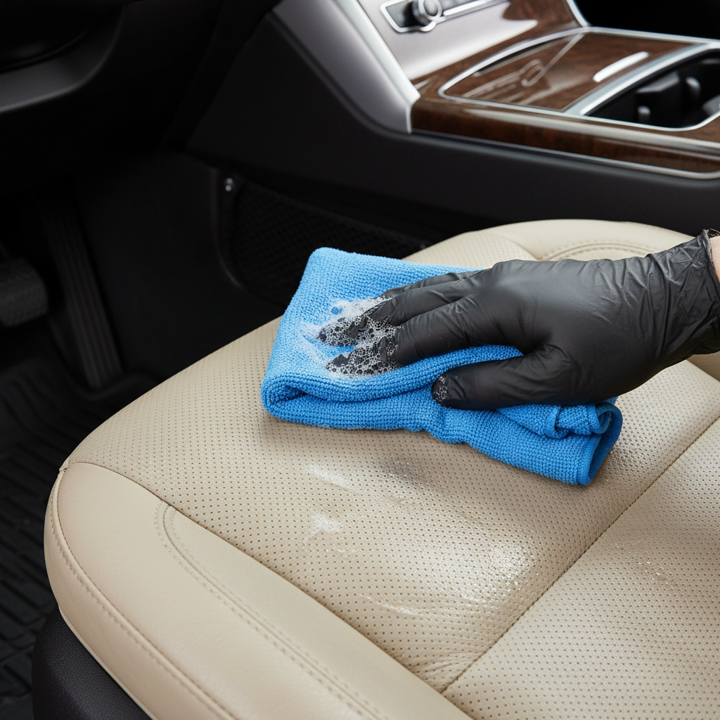 Cleaning leather car seat stain with leather-safe cleaner and microfiber cloth